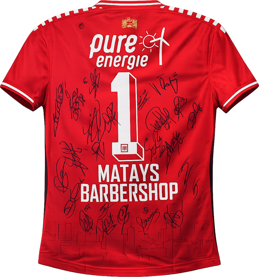 Door de spelers van FC Twente gesigneerd Pure Energie keepersshirt met Matay's Barbershop erop gedrukt